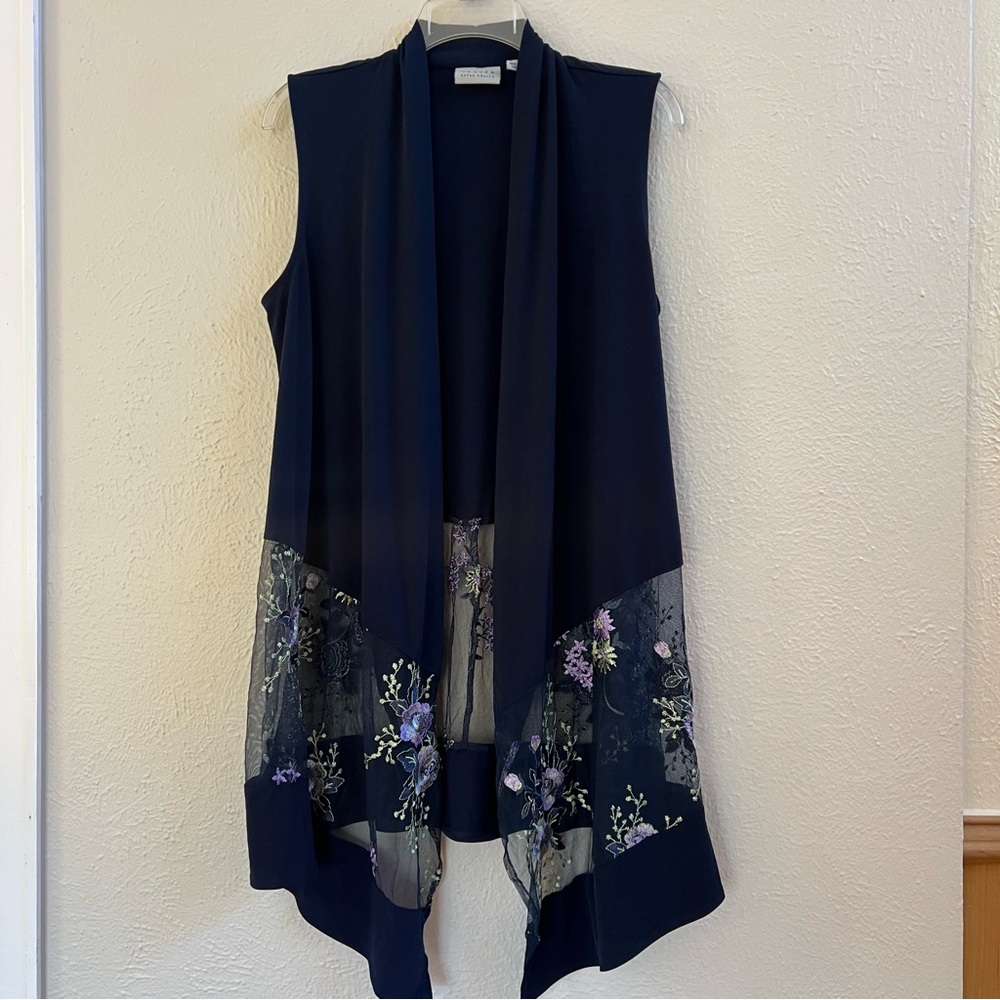 Susan Graver navy blue embroidered duster